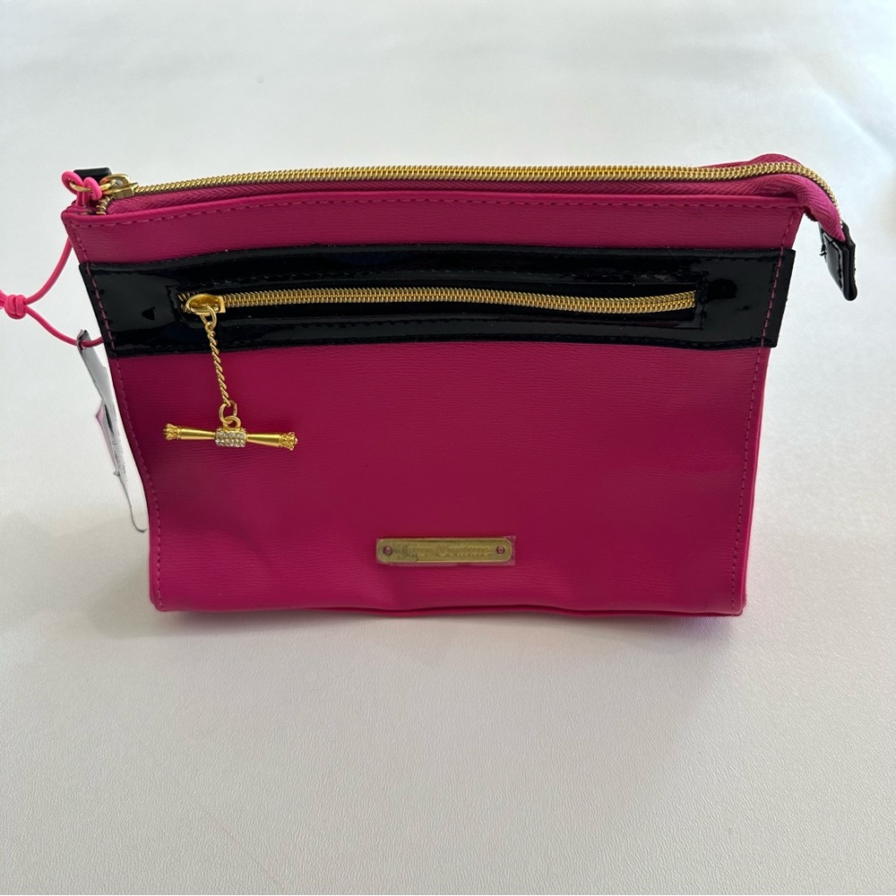 Juicy Couture Clutch Pink Gold Accent PVC Cosmetic Makeup Bag Double Zip Pockets